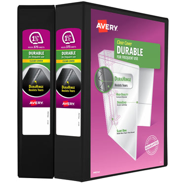 Avery Durable Clear View 3 Ring Binders, 1.5 Inch Slant Rings, 2-Pack of Black Binders (19300) 1.5